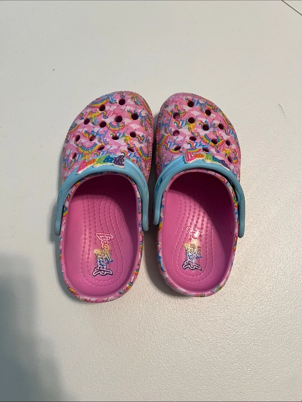 CROCS Pink Lisa Frank Print Clogs with Light Blue Strap